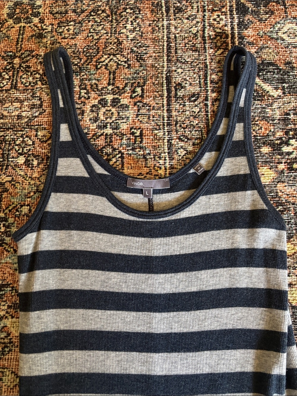Vince Black and Gray Striped Ribbed Tank
